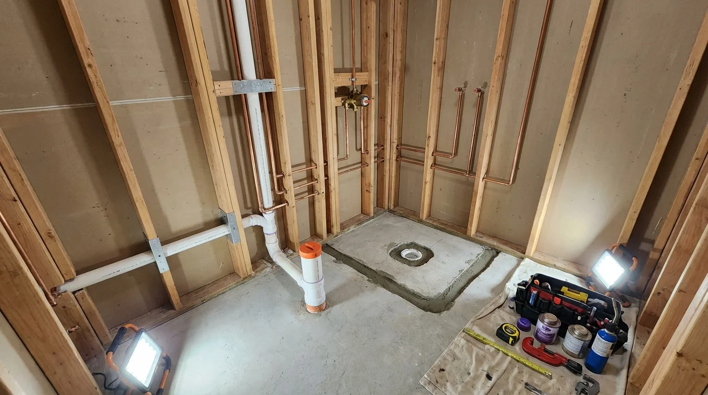 Bathroom rough-in plumbing during remodel by Johns Plumbing LLC in Chesapeake Beach