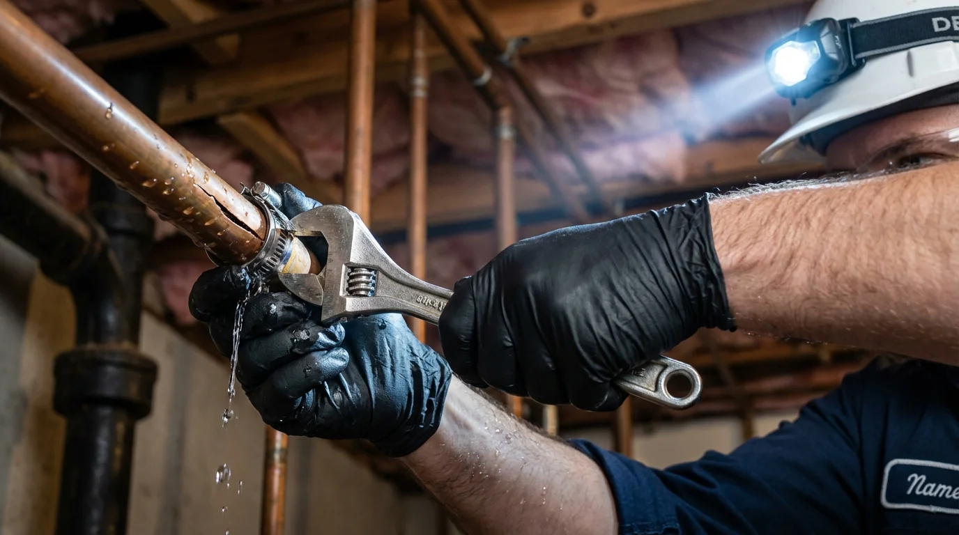 Emergency pipe clamp repair being performed by a Johns Plumbing LLC plumber in Chesapeake Beach
