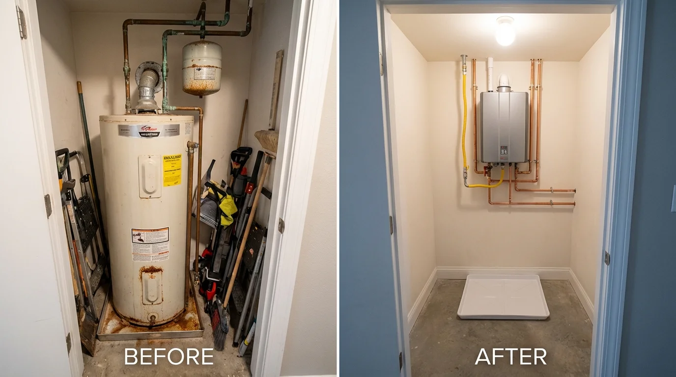 Tank water heater versus wall-mounted tankless unit comparison for Chesapeake Beach, MD homeowners
