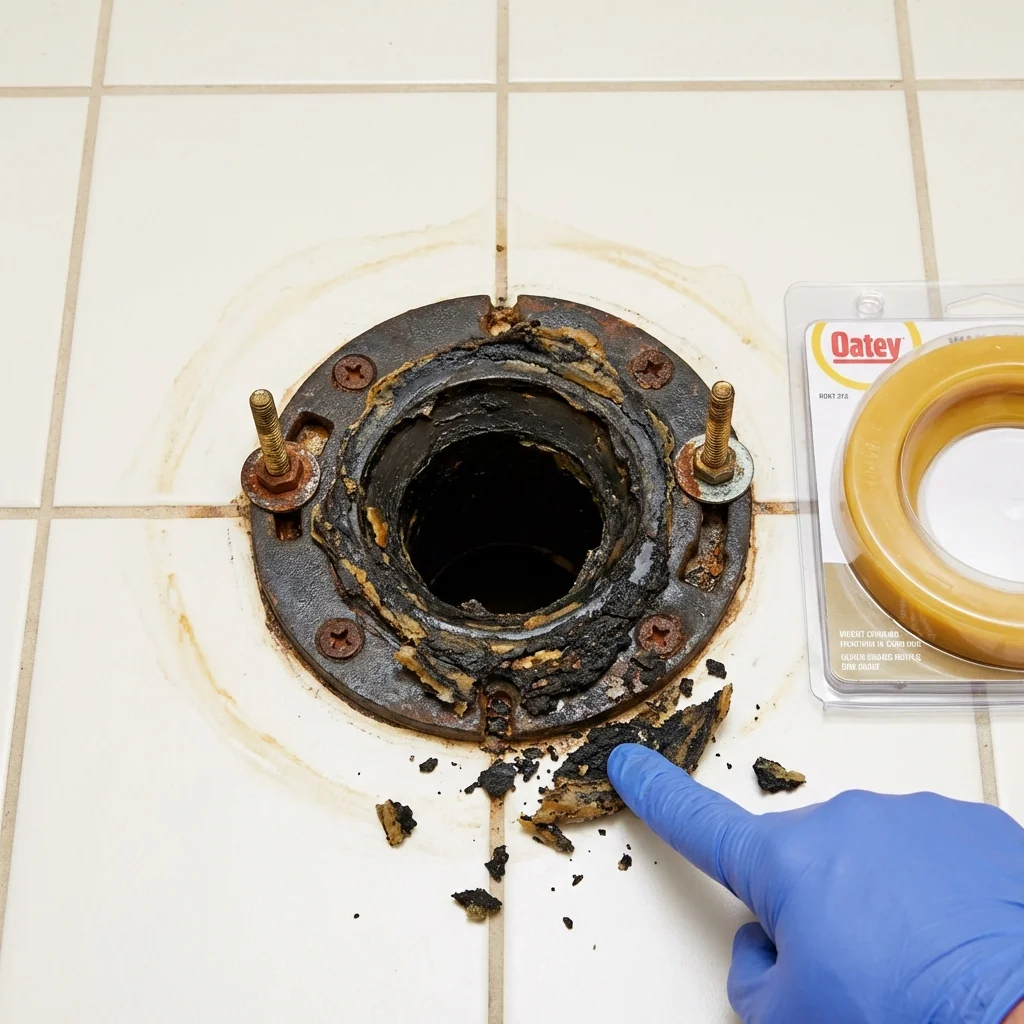 Failed wax ring showing water seepage at the base of a toilet in a Chesapeake Beach, MD home