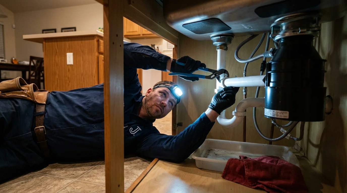P-trap and supply line connections under a kitchen sink showing a common leak point in Chesapeake Beach, MD